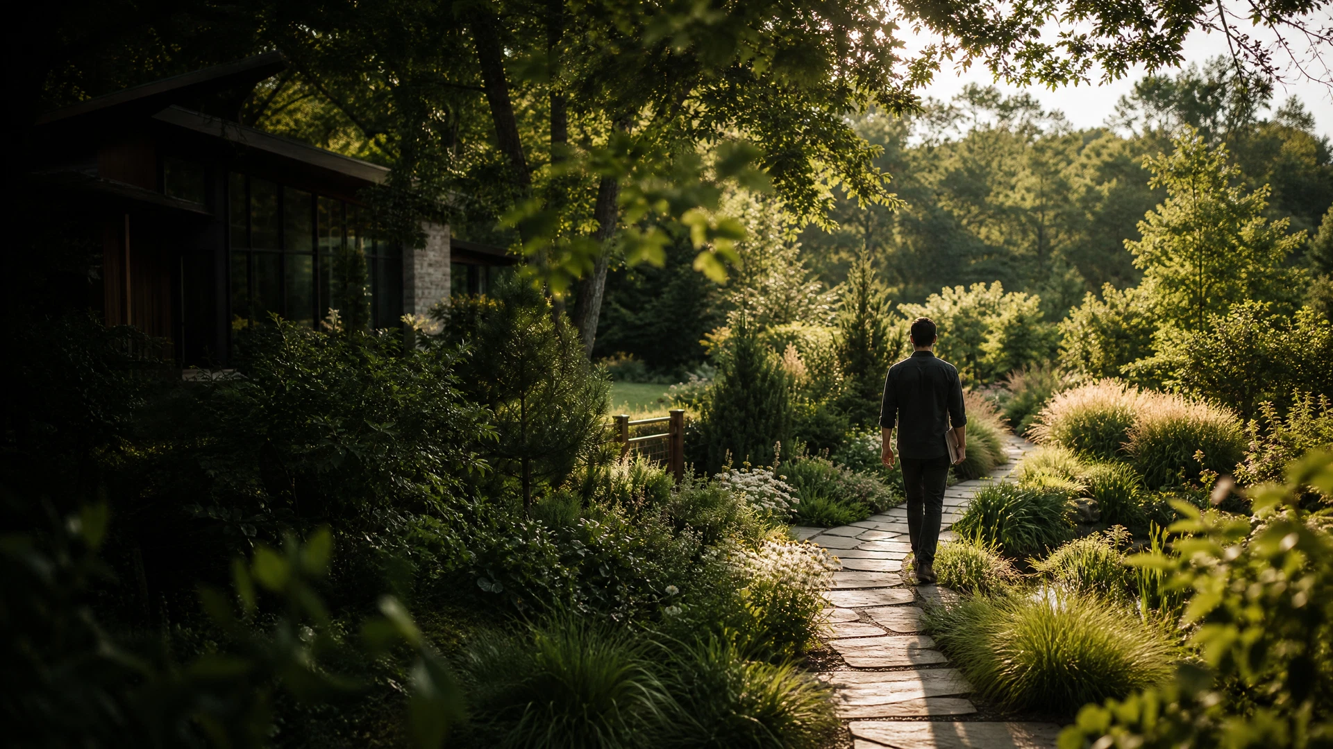 Anonymous landscape professional observing a mature residential garden