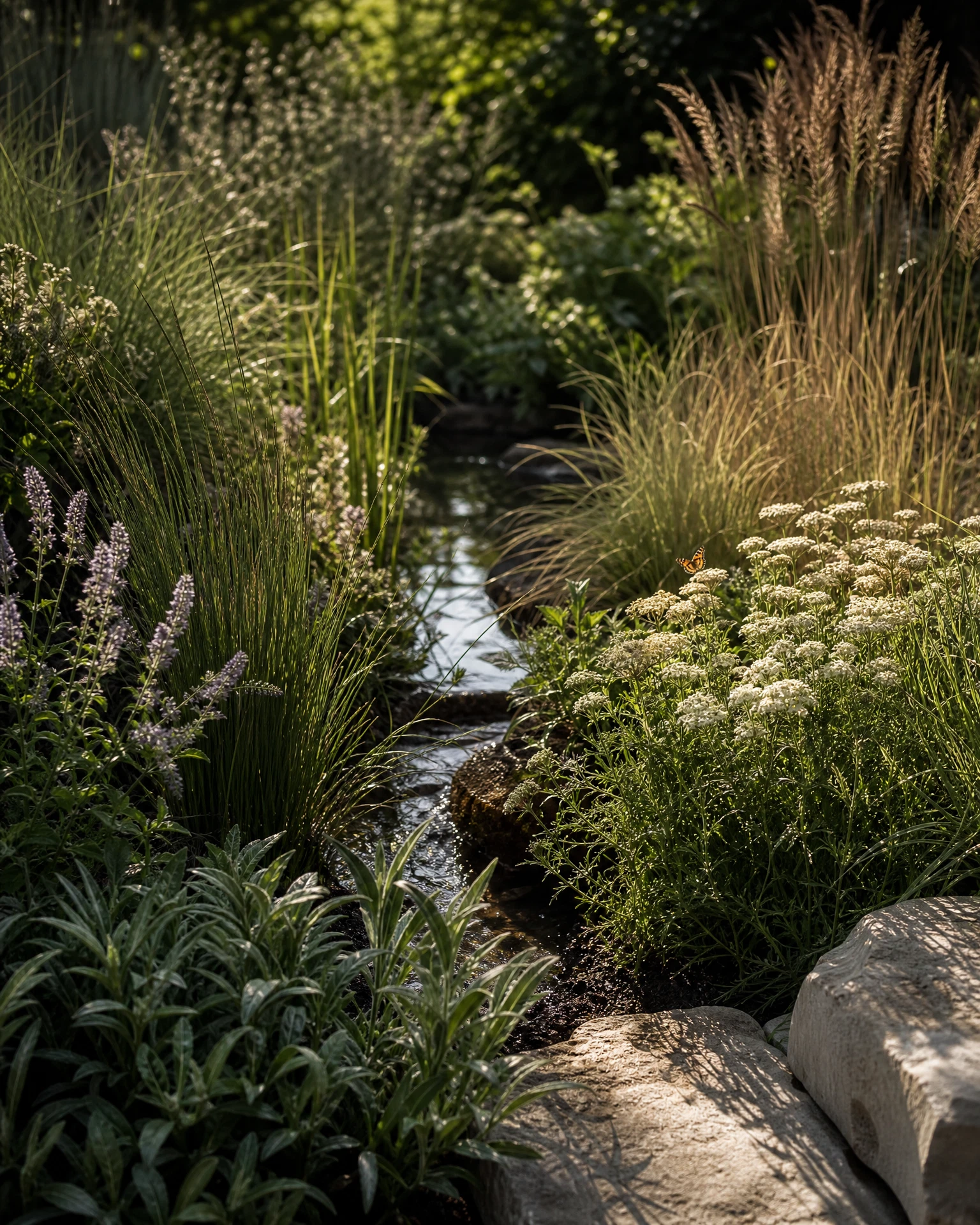 Layered grasses, perennial foliage, soil, and rain-garden water detail