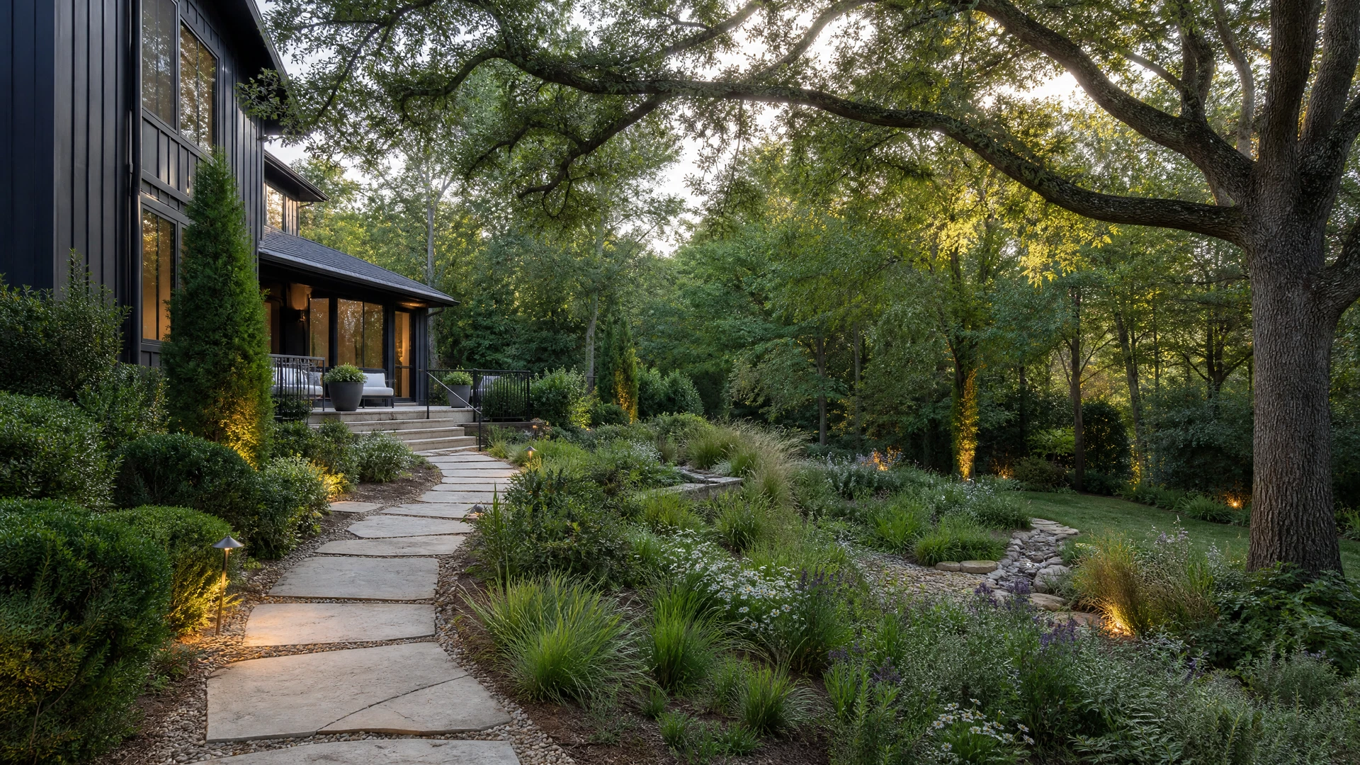 Representative landscape concept with layered planting, a stone path, mature canopy, and a planted water channel