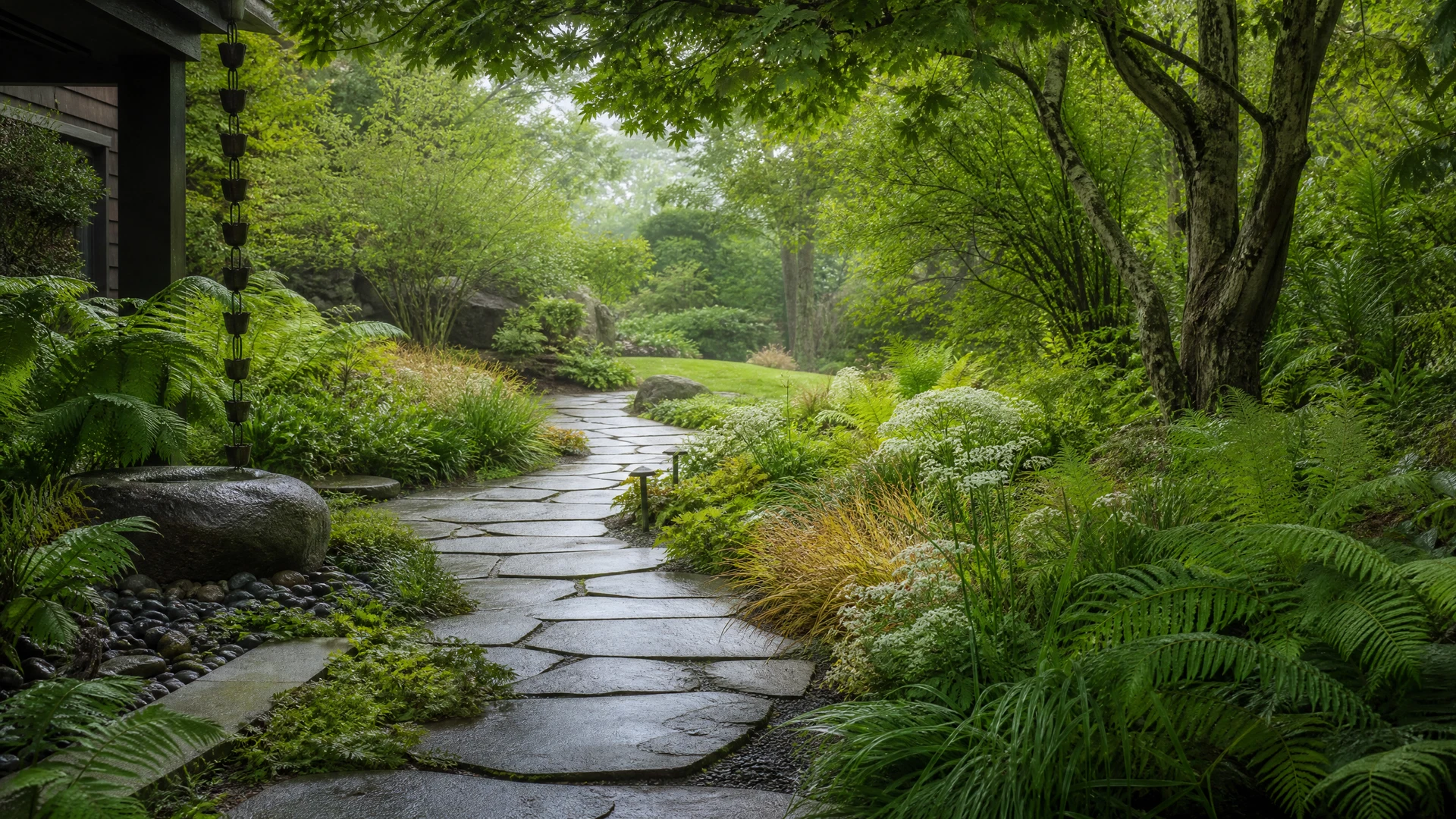 Stone path, layered planting, rain chain, and planted drainage detail