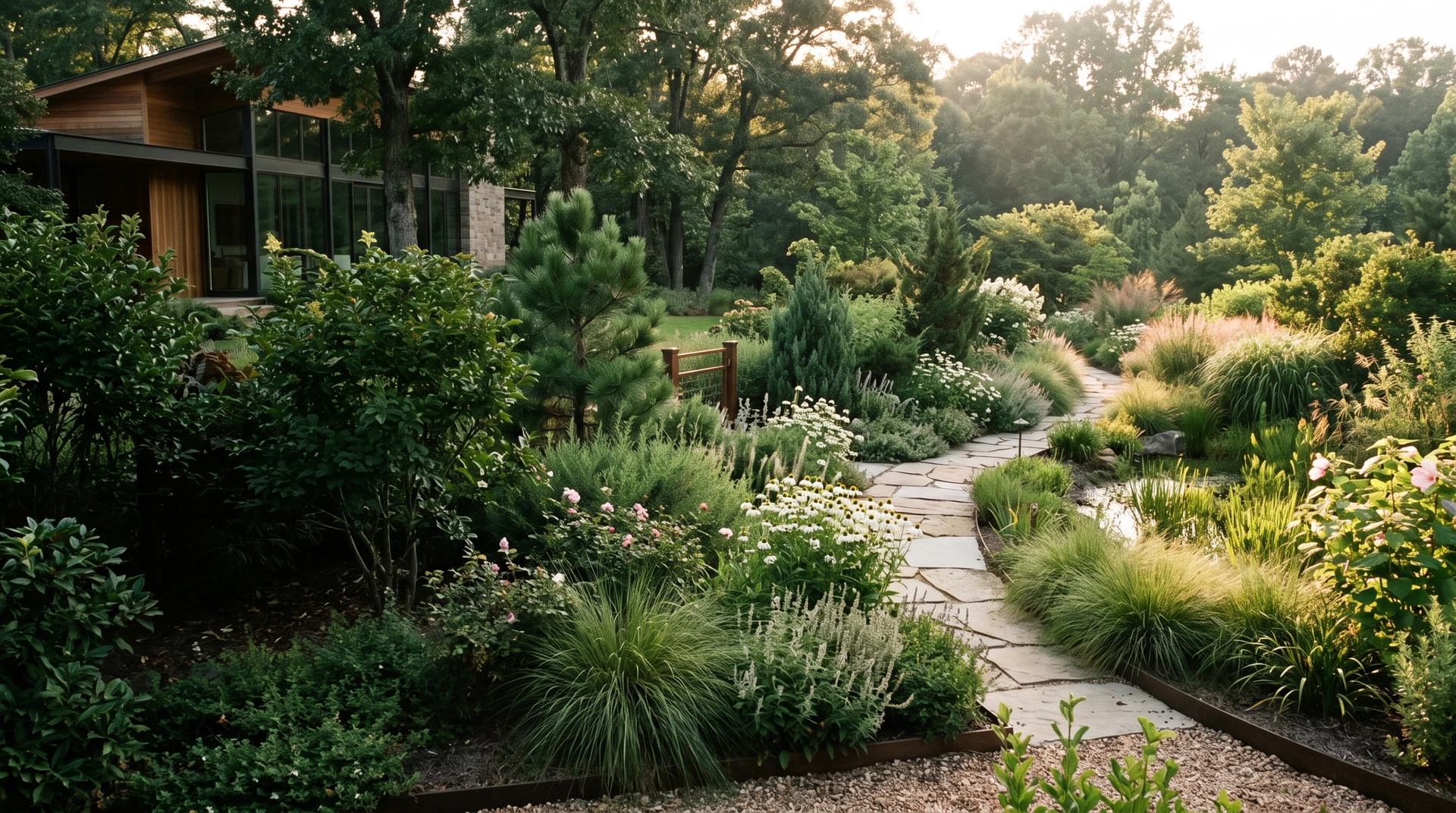 Layered residential garden with a stone path, mature trees, grasses, and perennial planting