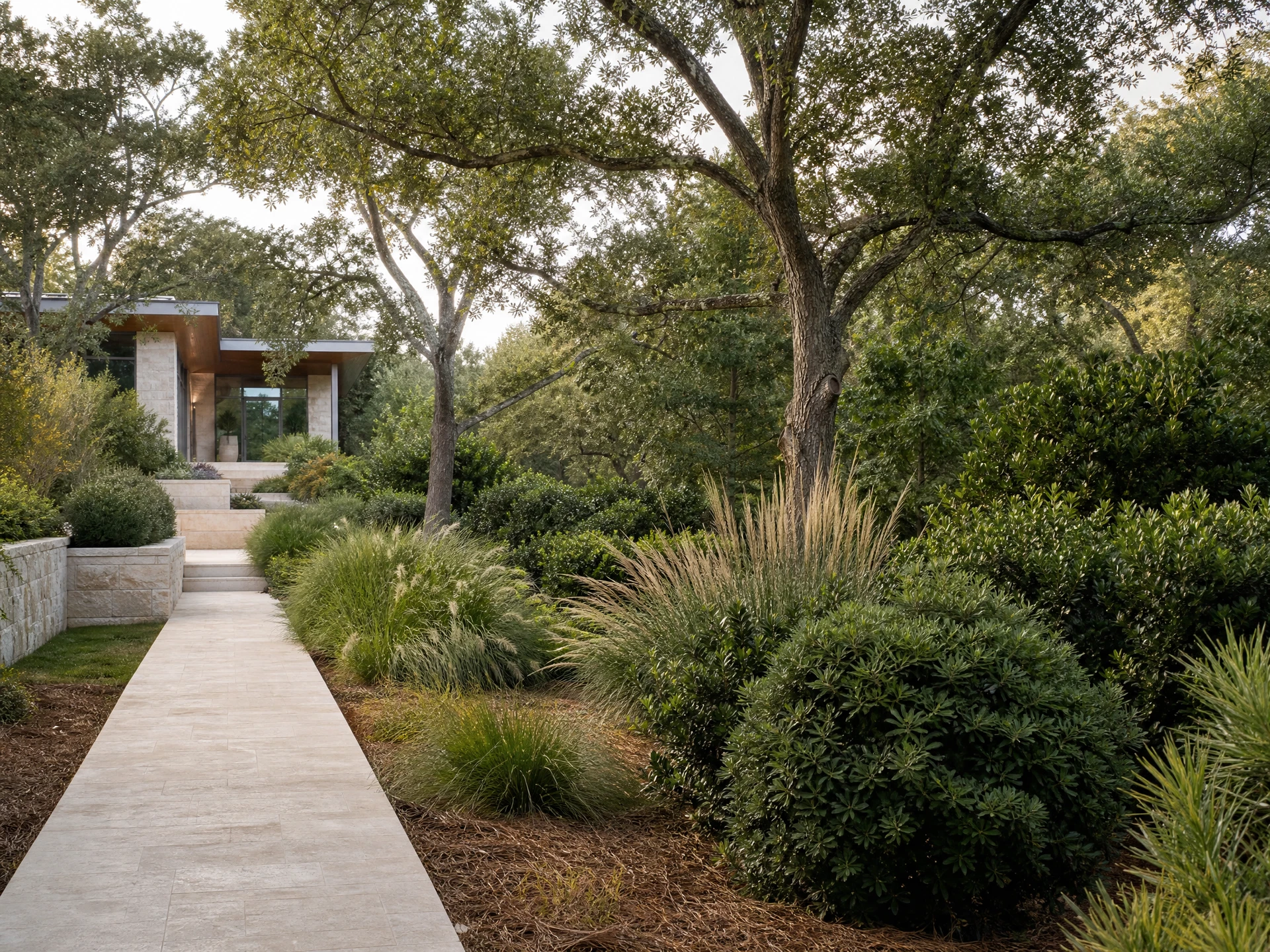 A garden threshold shaped through canopy, movement, and seasonal depth.