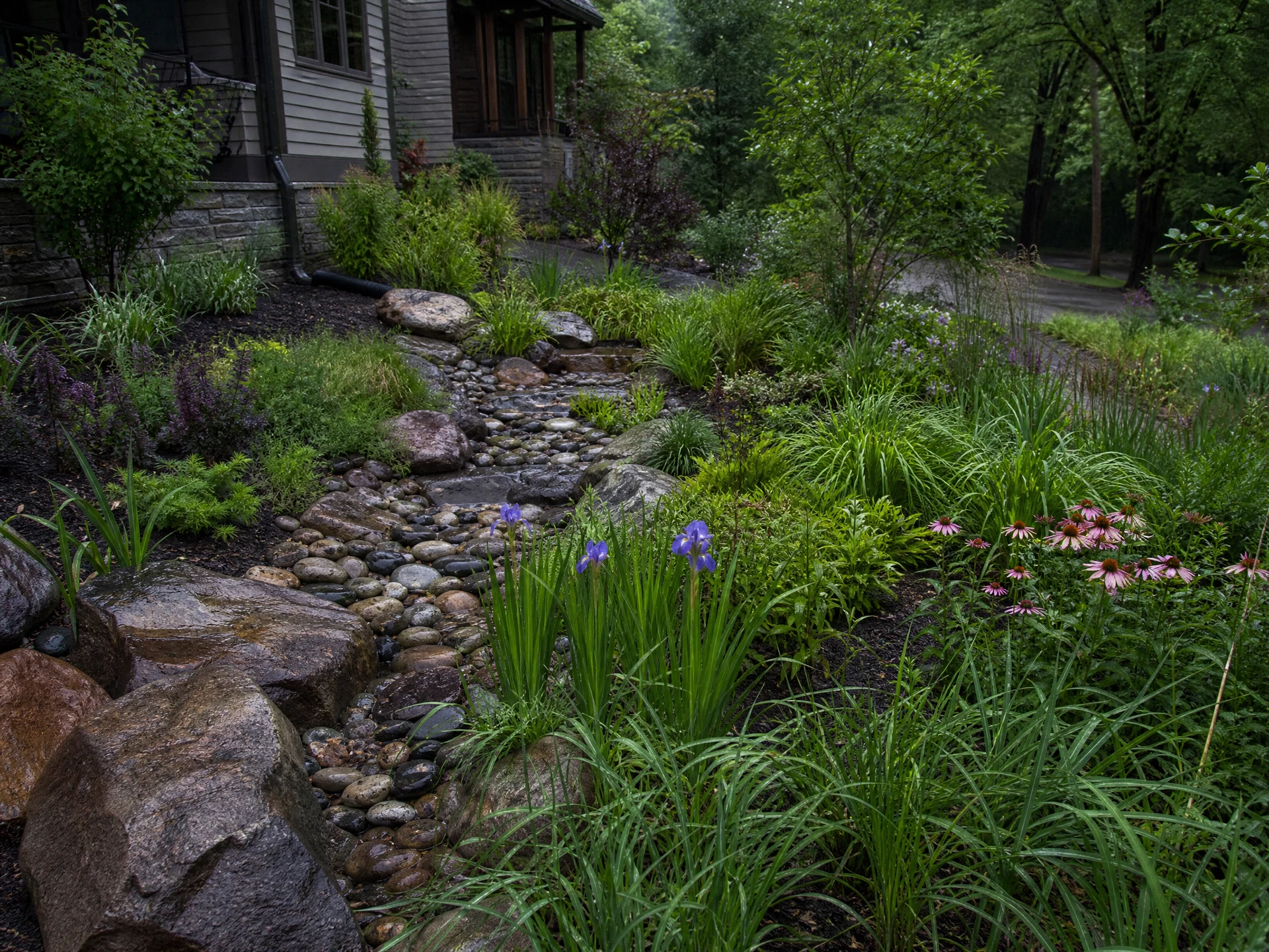 Landform and planting turn runoff into a composed ecological feature.