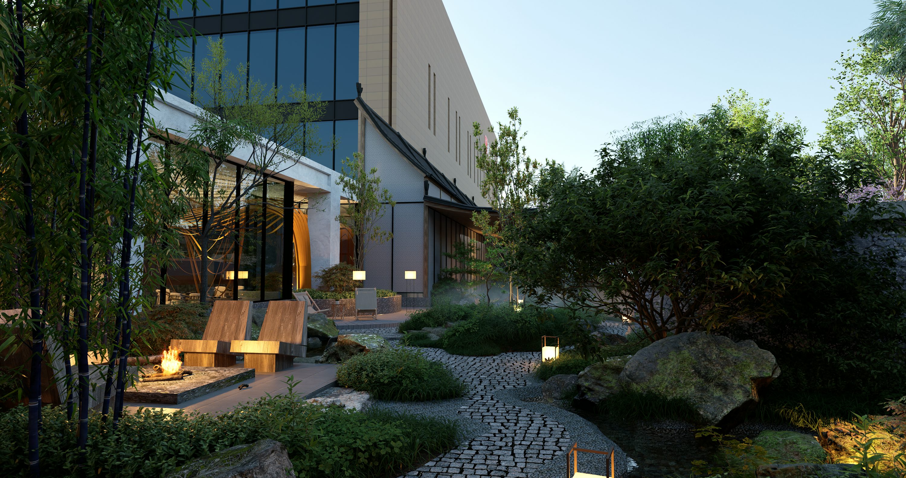 Material rhythm carries the interior experience into the landscape.