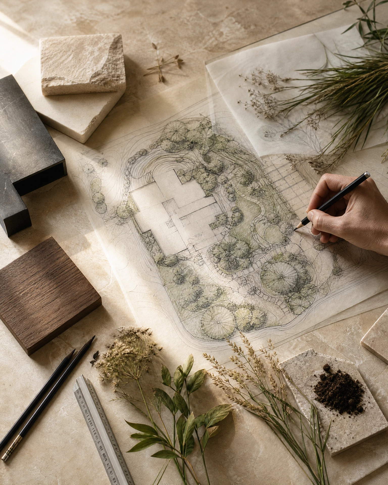 Landscape plan, material samples, and planting references prepared for custom design