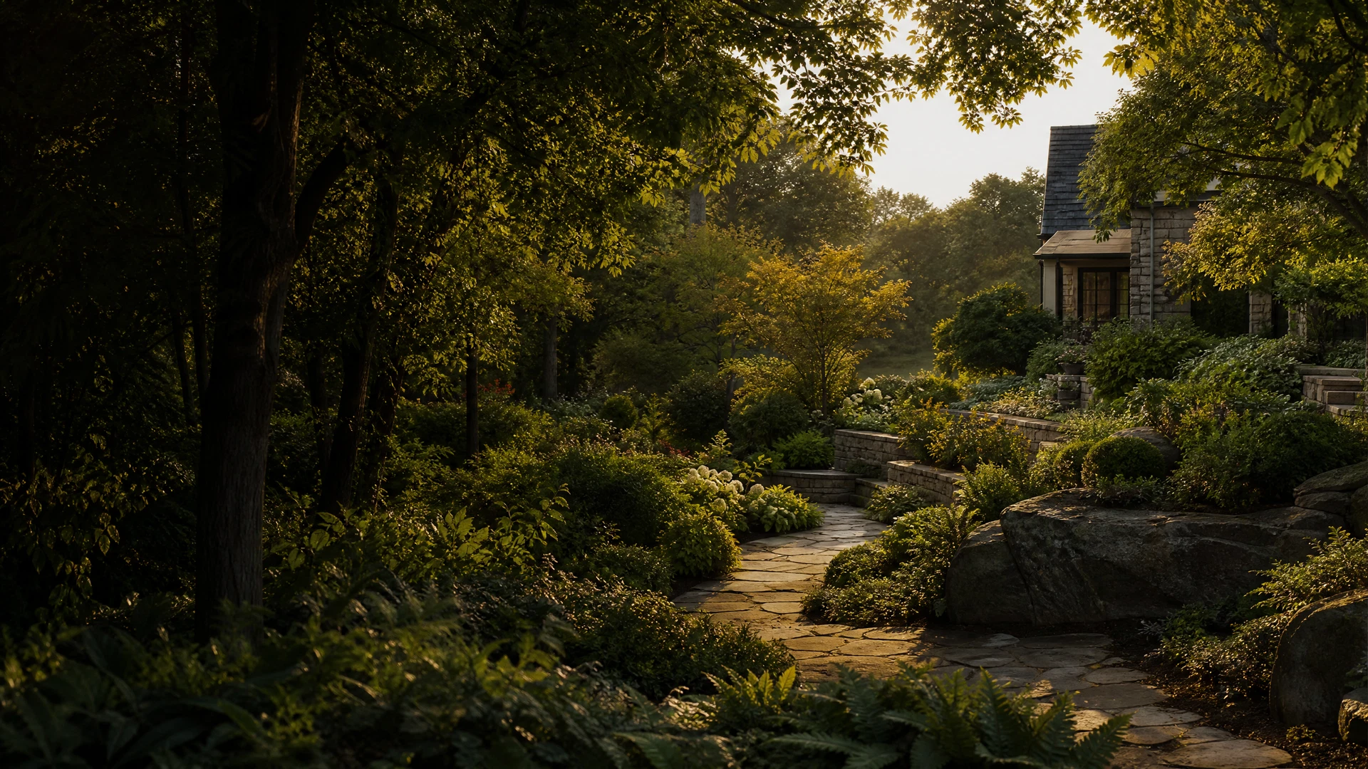 Connected outdoor garden rooms with layered planting, sculptural canopy, stone paths, and subtle grade change