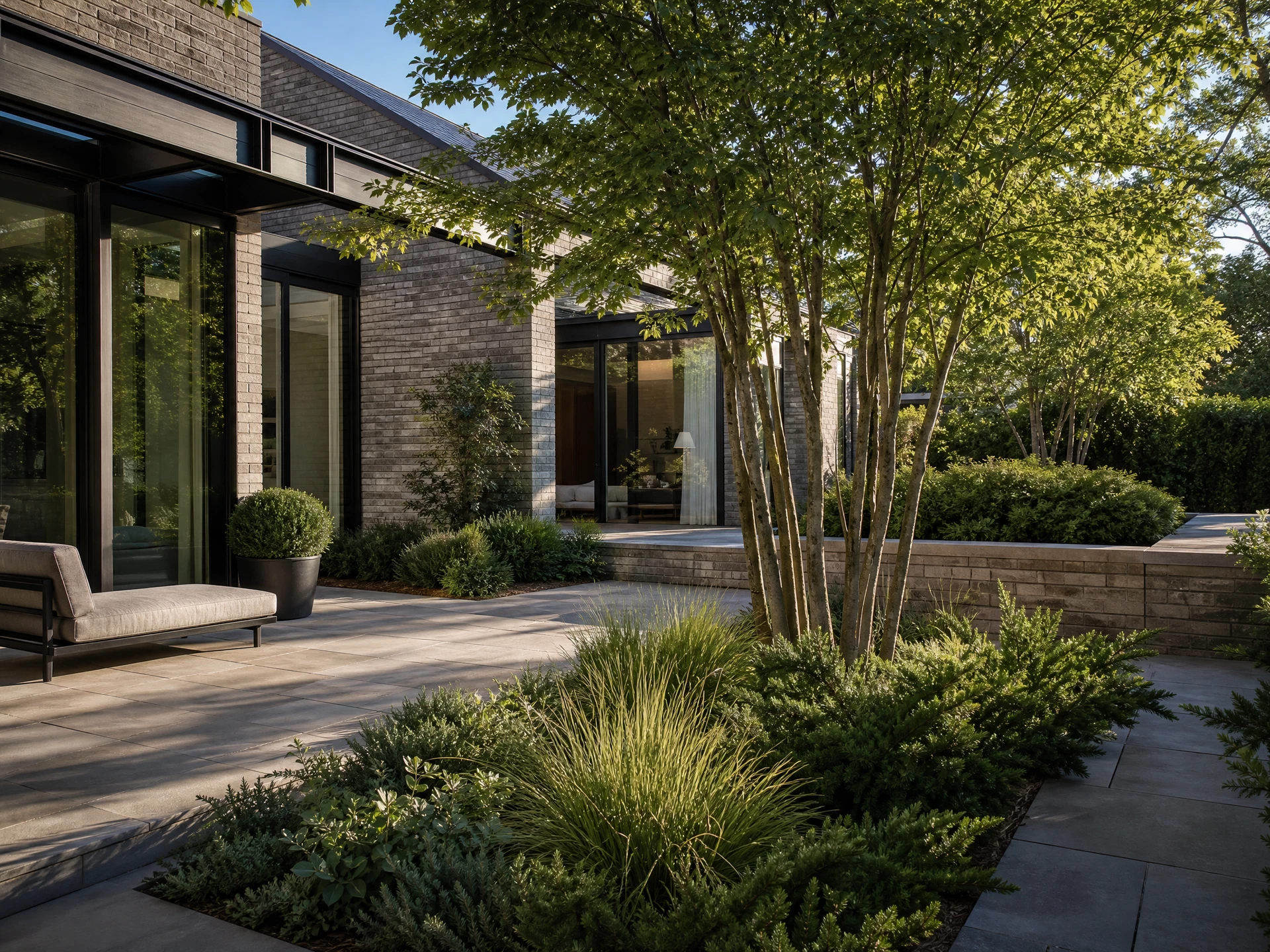 Material rhythm carries the interior experience into the landscape.