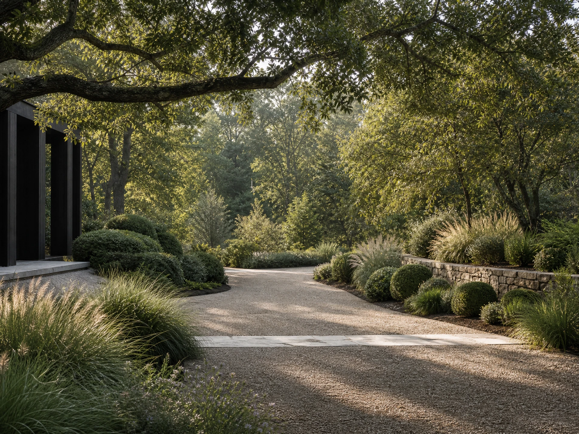 A garden threshold shaped through canopy, movement, and seasonal depth.