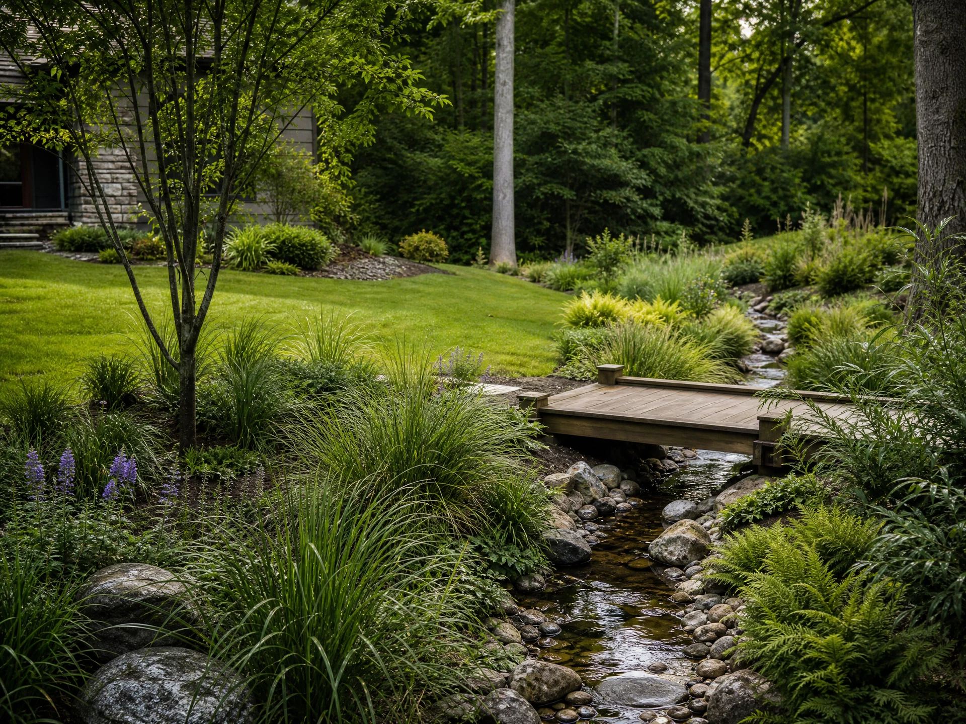 Landform and planting turn runoff into a composed ecological feature.